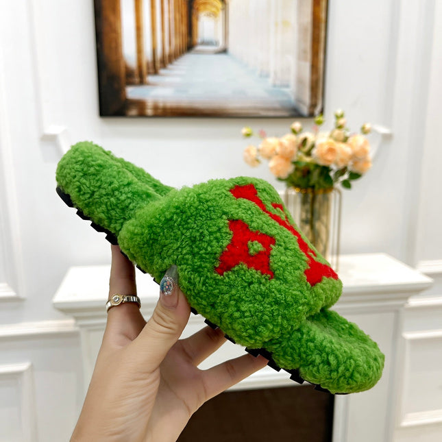 LV FLAT SLIPPER IN LAWN GREEN MIX CHERRY RED SHEARLING