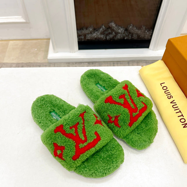 LV FLAT SLIPPER IN LAWN GREEN MIX CHERRY RED SHEARLING