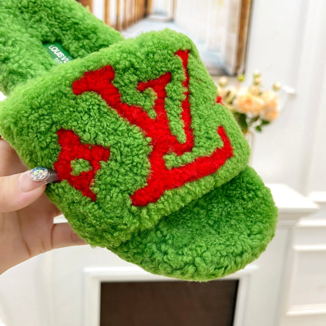 LV FLAT SLIPPER IN LAWN GREEN MIX CHERRY RED SHEARLING