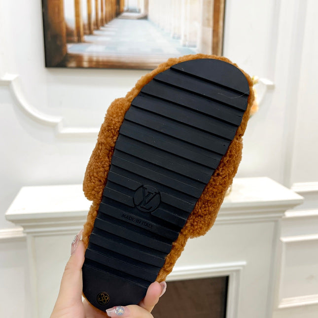 LV FLAT SLIPPER IN GINGERBREAD BROWN MIX BLACK SHEARLING