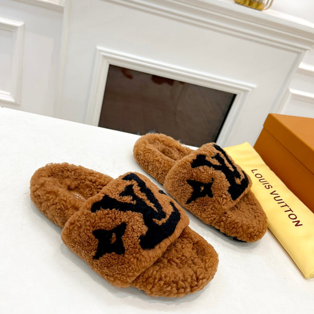 LV FLAT SLIPPER IN GINGERBREAD BROWN MIX BLACK SHEARLING