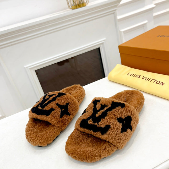 LV FLAT SLIPPER IN GINGERBREAD BROWN MIX BLACK SHEARLING