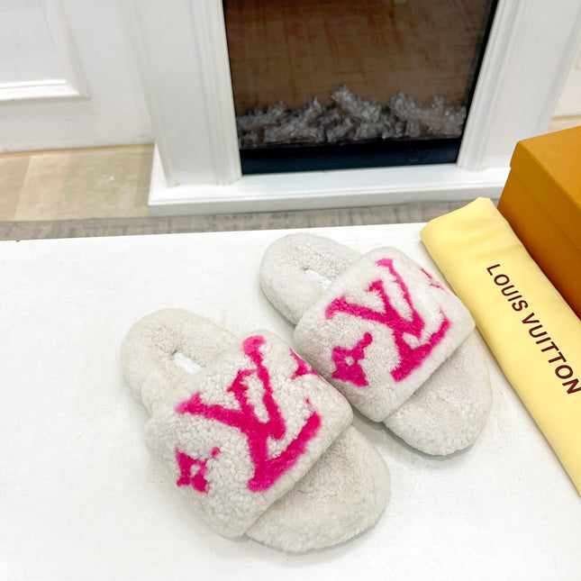 LV FLAT SLIPPER IN WHITE MIX BRIGHT PINK SHEARLING