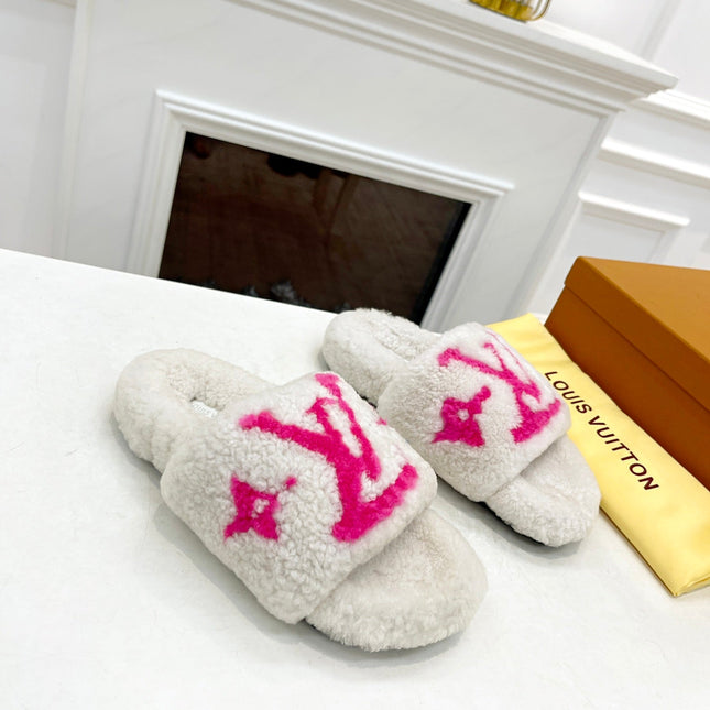 LV FLAT SLIPPER IN WHITE MIX BRIGHT PINK SHEARLING