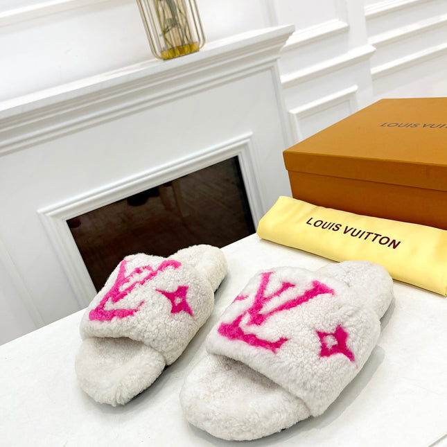 LV FLAT SLIPPER IN WHITE MIX BRIGHT PINK SHEARLING