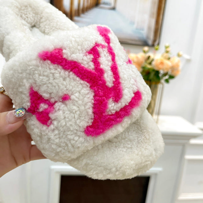 LV FLAT SLIPPER IN WHITE MIX BRIGHT PINK SHEARLING