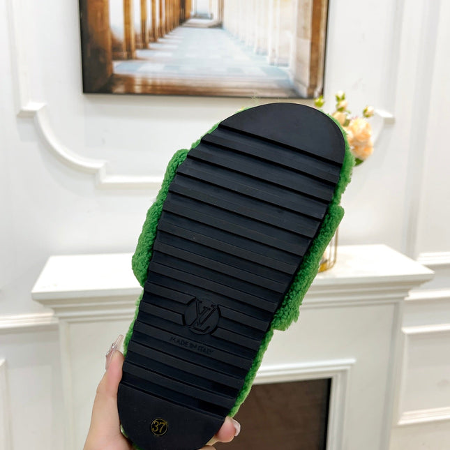 LV FLAT SLIPPER IN EMERALD GREEN MIX WHITE SHEARLING