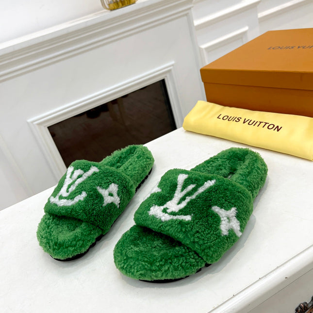 LV FLAT SLIPPER IN EMERALD GREEN MIX WHITE SHEARLING