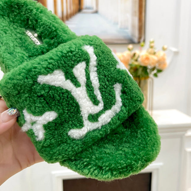 LV FLAT SLIPPER IN EMERALD GREEN MIX WHITE SHEARLING