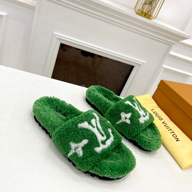 LV FLAT SLIPPER IN EMERALD GREEN MIX WHITE SHEARLING
