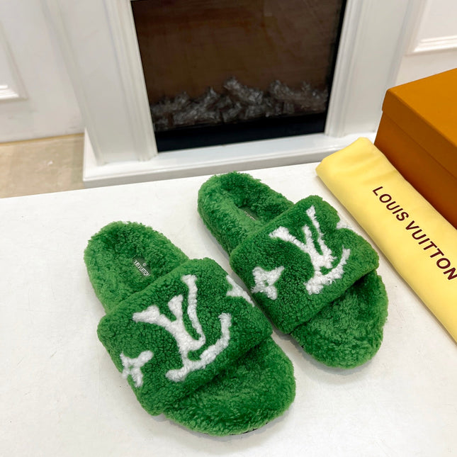 LV FLAT SLIPPER IN EMERALD GREEN MIX WHITE SHEARLING