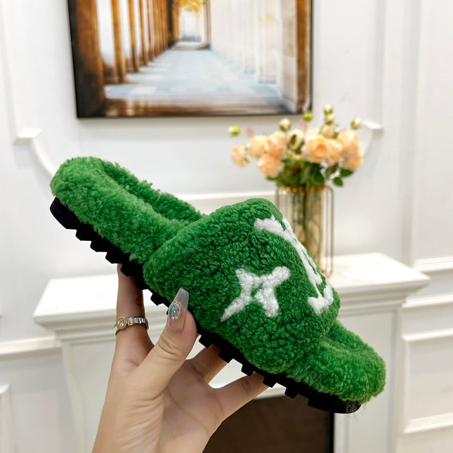 LV FLAT SLIPPER IN EMERALD GREEN MIX WHITE SHEARLING