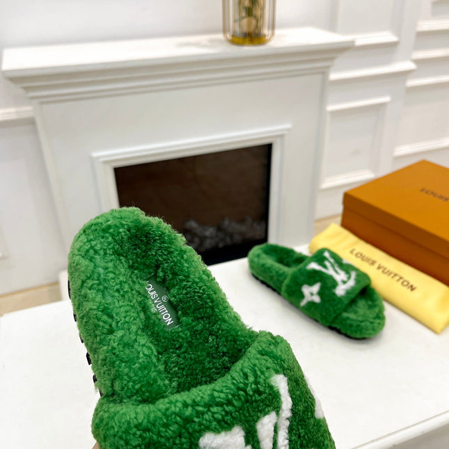 LV FLAT SLIPPER IN EMERALD GREEN MIX WHITE SHEARLING