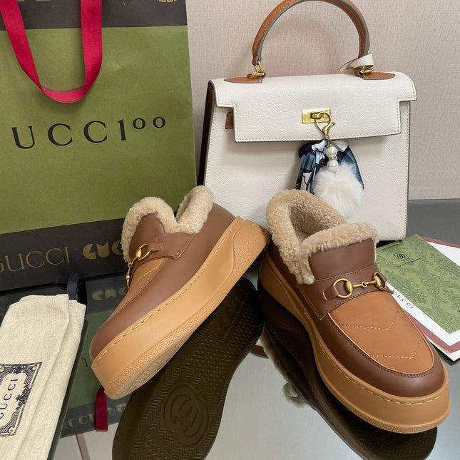 GG LOAFER IN PEANUT BROWN AND CHOCOLATE BROWN CALFSKIN WITH BEIGE WOOL LINING