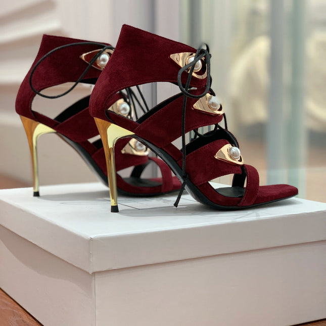 BALMAIN 25S HIGH HEELS 95MM IN OXBLOOD SUEDE WITH PEARL