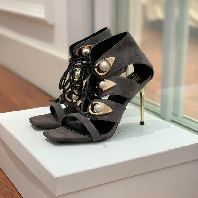 BALMAIN 25S HIGH HEELS 95MM IN CHARCOAL BROWN SUEDE WITH PEARL