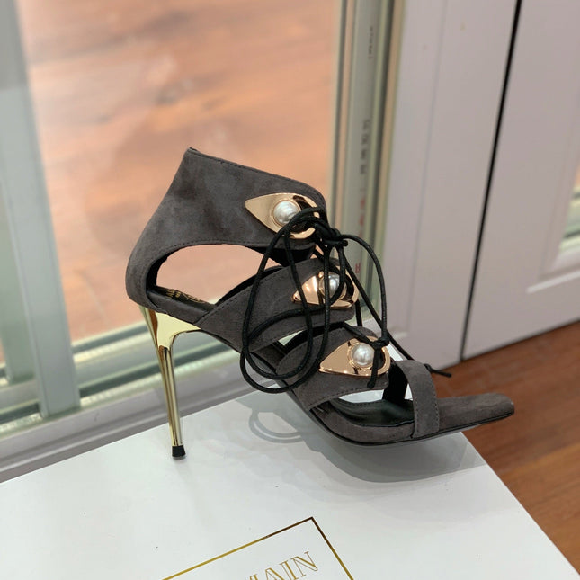 BALMAIN 25S HIGH HEELS 95MM IN CHARCOAL BROWN SUEDE WITH PEARL