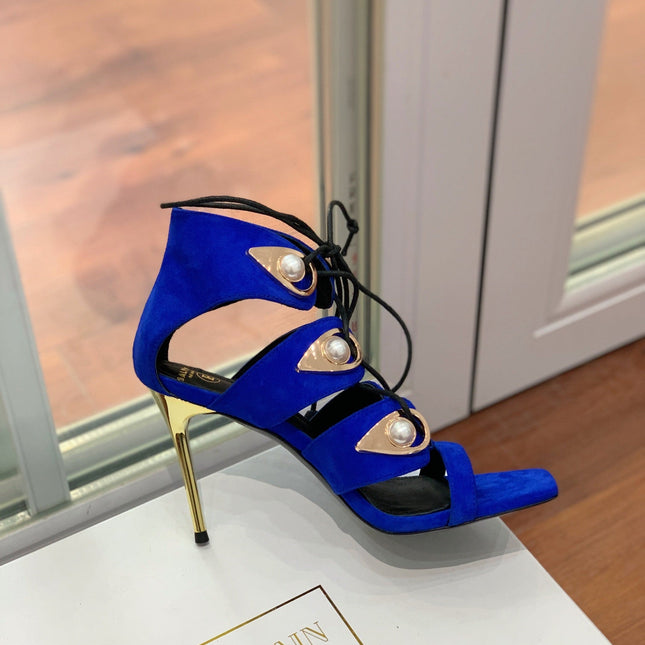 BALMAIN 25S HIGH HEELS 95MM IN DARK BLUE SUEDE WITH PEARL