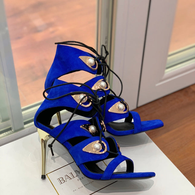 BALMAIN 25S HIGH HEELS 95MM IN DARK BLUE SUEDE WITH PEARL