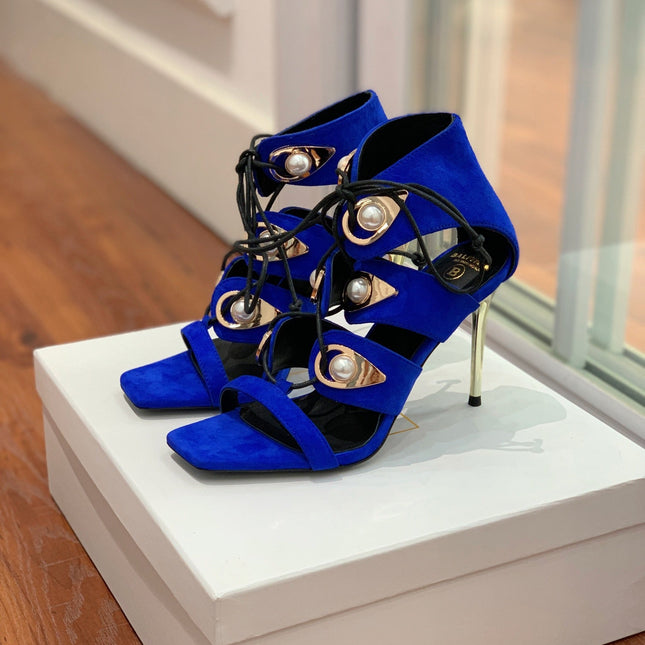 BALMAIN 25S HIGH HEELS 95MM IN DARK BLUE SUEDE WITH PEARL