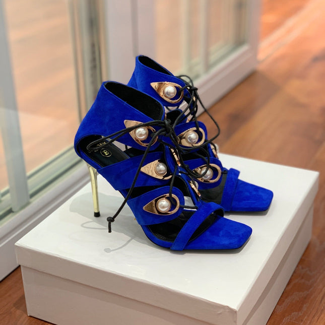 BALMAIN 25S HIGH HEELS 95MM IN DARK BLUE SUEDE WITH PEARL