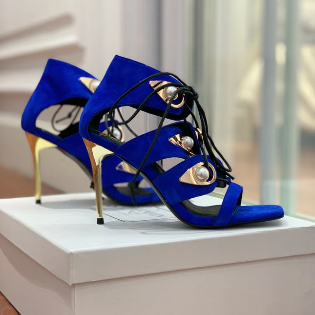 BALMAIN 25S HIGH HEELS 95MM IN DARK BLUE SUEDE WITH PEARL