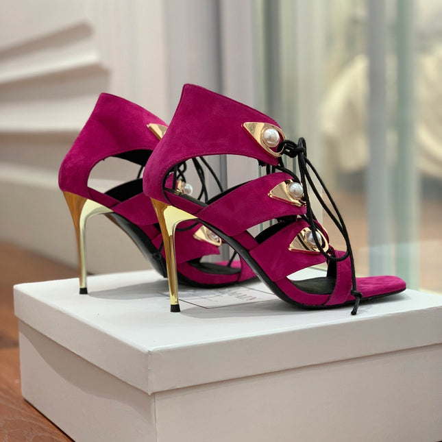 BALMAIN 25S HIGH HEELS 95MM IN FUCHSIA SUEDE WITH PEARL