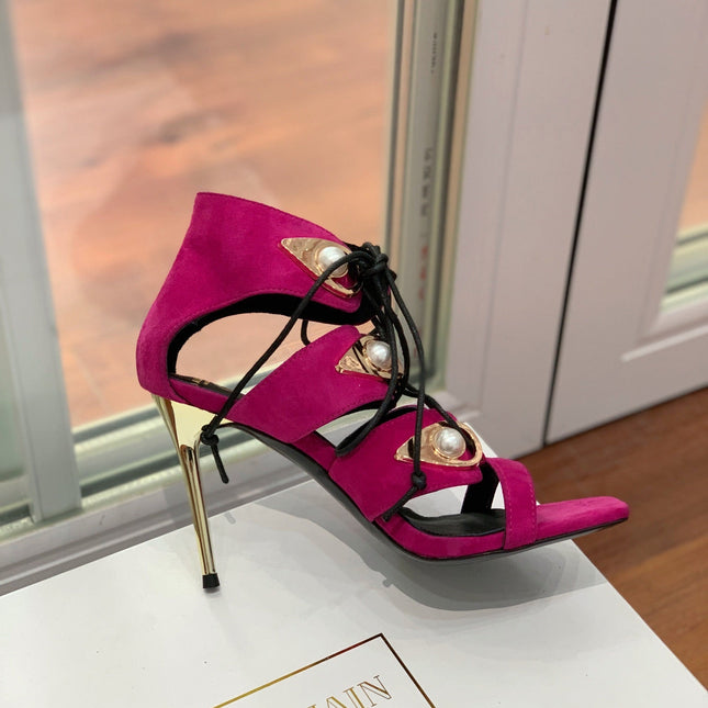 BALMAIN 25S HIGH HEELS 95MM IN FUCHSIA SUEDE WITH PEARL