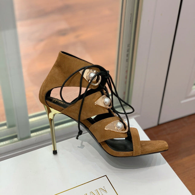 BALMAIN 25S HIGH HEELS 95MM IN DARK BROWN SUEDE WITH PEARL