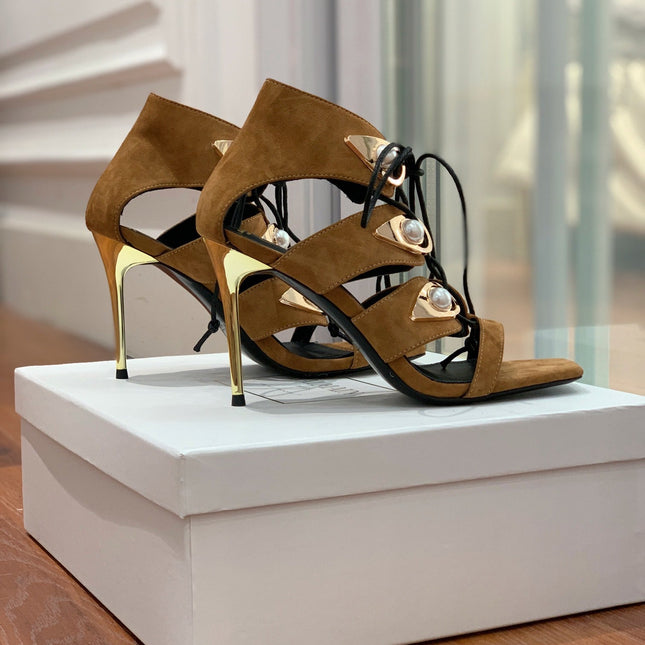 BALMAIN 25S HIGH HEELS 95MM IN DARK BROWN SUEDE WITH PEARL