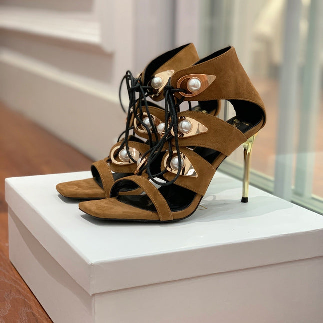 BALMAIN 25S HIGH HEELS 95MM IN DARK BROWN SUEDE WITH PEARL