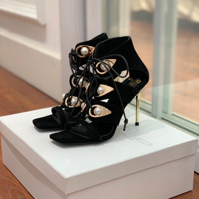 BALMAIN 25S HIGH HEELS 95MM IN BLACK SUEDE WITH PEARL
