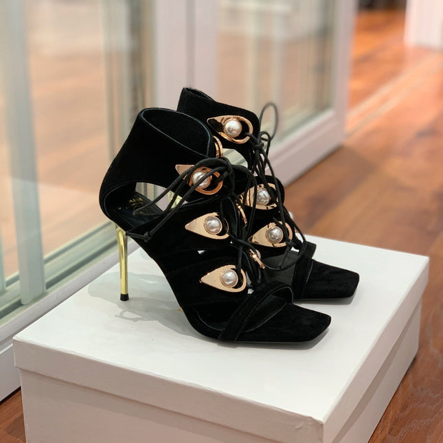 BALMAIN 25S HIGH HEELS 95MM IN BLACK SUEDE WITH PEARL