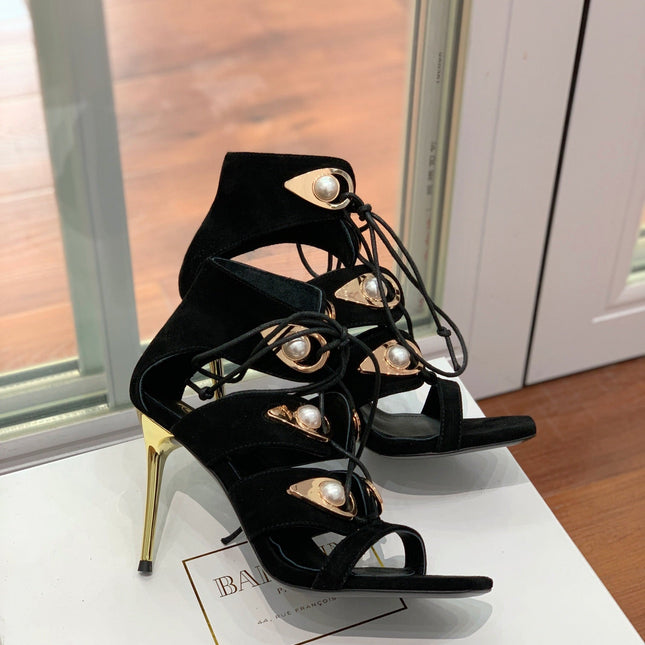 BALMAIN 25S HIGH HEELS 95MM IN BLACK SUEDE WITH PEARL