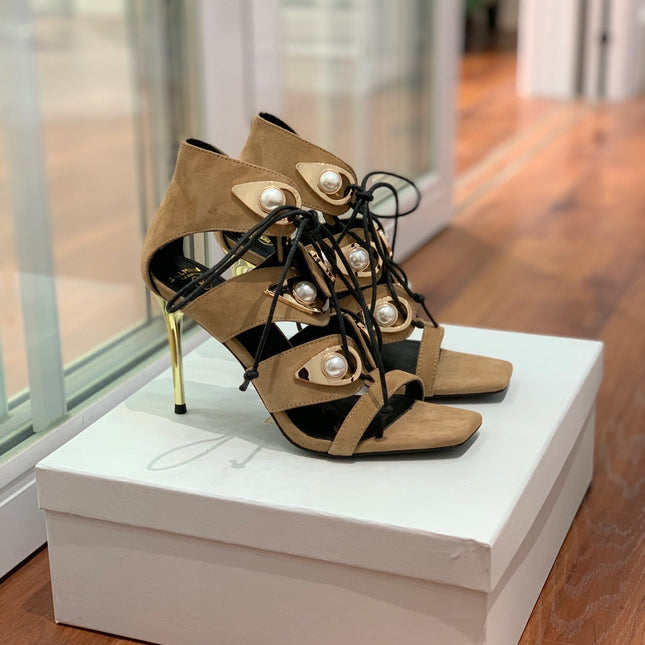 BALMAIN 25S HIGH HEELS 95MM IN LIGHT BROWN SUEDE WITH PEARL