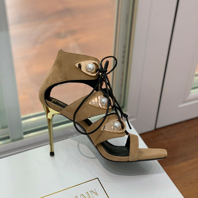 BALMAIN 25S HIGH HEELS 95MM IN LIGHT BROWN SUEDE WITH PEARL