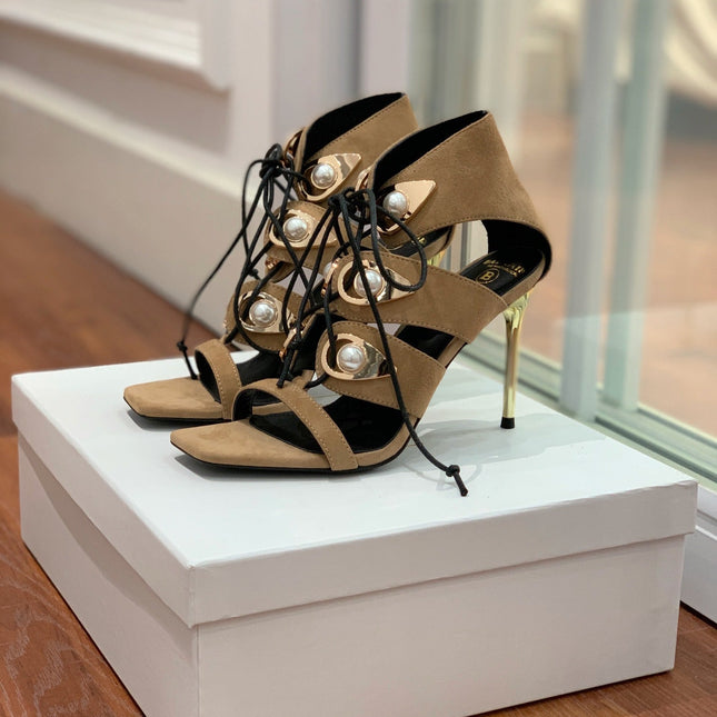 BALMAIN 25S HIGH HEELS 95MM IN LIGHT BROWN SUEDE WITH PEARL