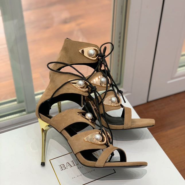 BALMAIN 25S HIGH HEELS 95MM IN LIGHT BROWN SUEDE WITH PEARL