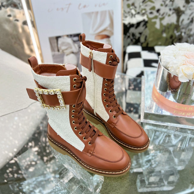 VIV' RANGERS STRASS BUCKLE BOOTS IN BROWN CALFSKIN AND WHITE FABRICS