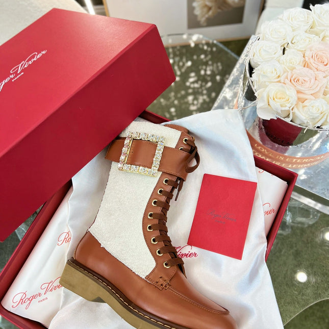 VIV' RANGERS STRASS BUCKLE BOOTS IN BROWN CALFSKIN AND WHITE FABRICS