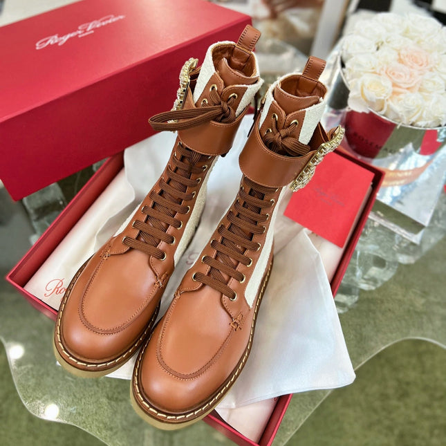 VIV' RANGERS STRASS BUCKLE BOOTS IN BROWN CALFSKIN AND WHITE FABRICS