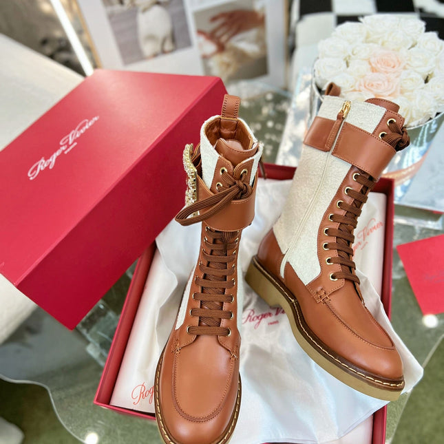 VIV' RANGERS STRASS BUCKLE BOOTS IN BROWN CALFSKIN AND WHITE FABRICS
