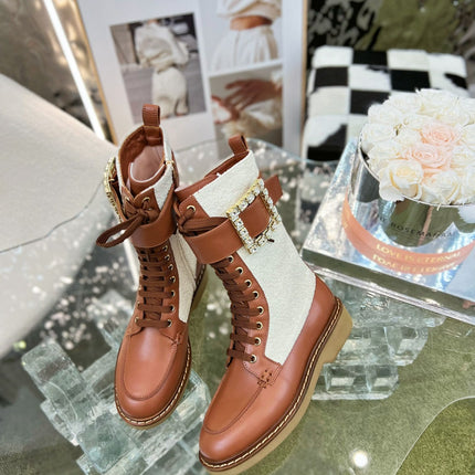 VIV' RANGERS STRASS BUCKLE BOOTS IN BROWN CALFSKIN AND WHITE FABRICS