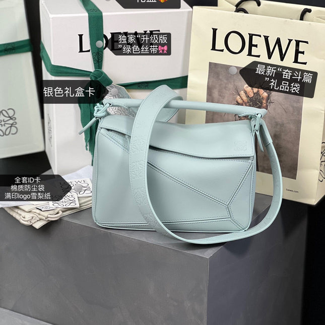 LOE MINI 18 PUZZLE BAG IN LIGHT BLUE SATIN CALFSKIN