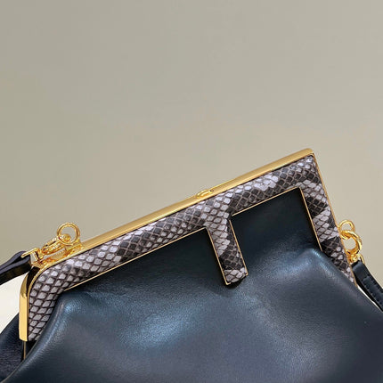 FENDI FIRST SMALL 26 BLACK LEATHER BAG WITH EXOTIC DETAILS