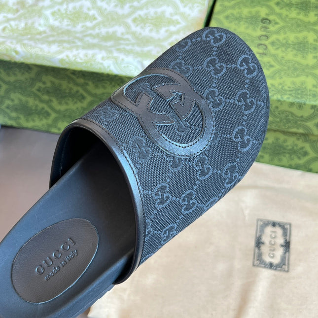 INTERLOCKING G MULE IN BLACK MONOGRAM CANVAS AND LEATHER