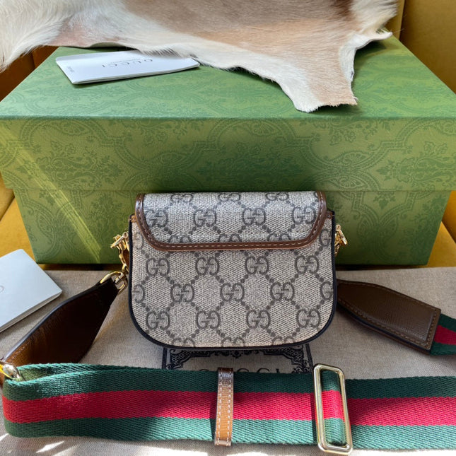 GG 12 HORSEBIT 1955 SUPER MINI BAG BEIGE CANVAS AND EBONY CALFSKIN
