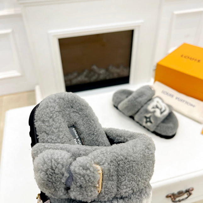 DAD SANDAL MULE IN SHADOW GRAY MIX WHITE FLEECE