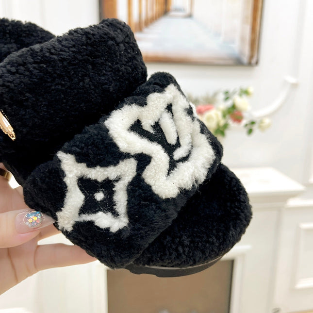 DAD SANDAL MULE IN BLACK MIX WHITE FLEECE