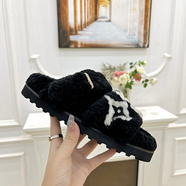DAD SANDAL MULE IN BLACK MIX WHITE FLEECE